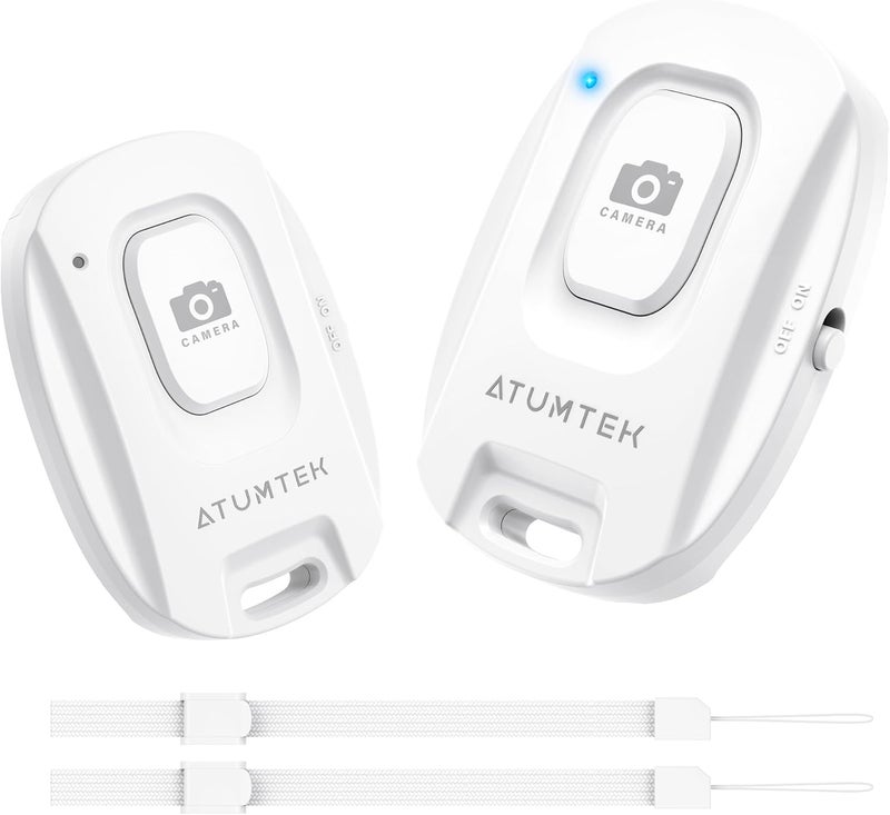ATUMTEK Camera Remote Shutter for iPhone and Android Smartphones (2 Pack), Wireless Phone Remote Control Selfie Button for Photos and Videos (Bluetooth 5.2), Wrist Strap Included, White - Image 1